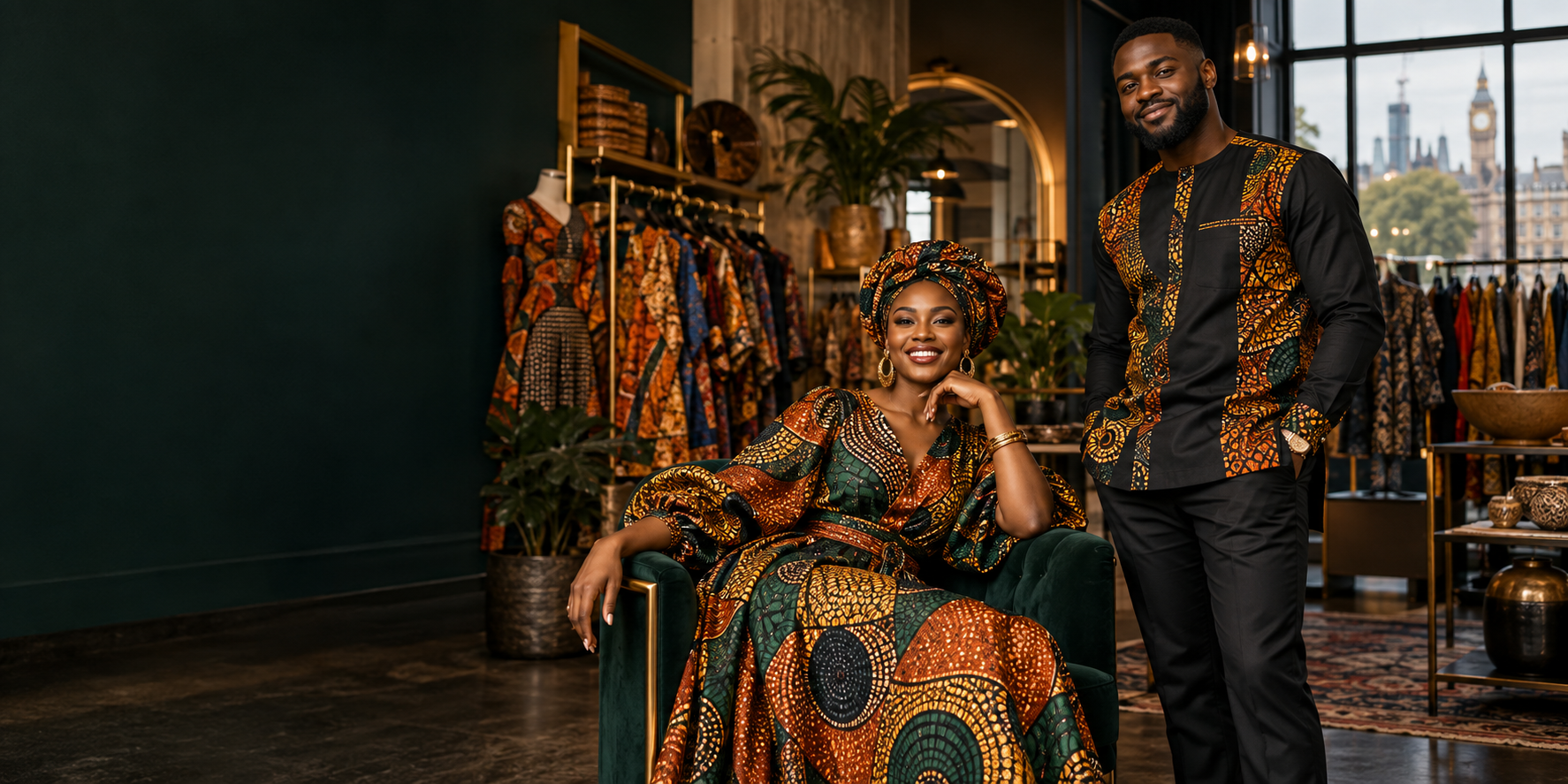 Models wearing contemporary African fashion in an elegant boutique